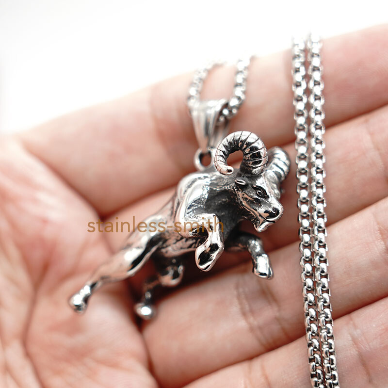Men’s Solid Stainless Steel Boys Ram Goat Pendant Necklace Stainless Steel Chain