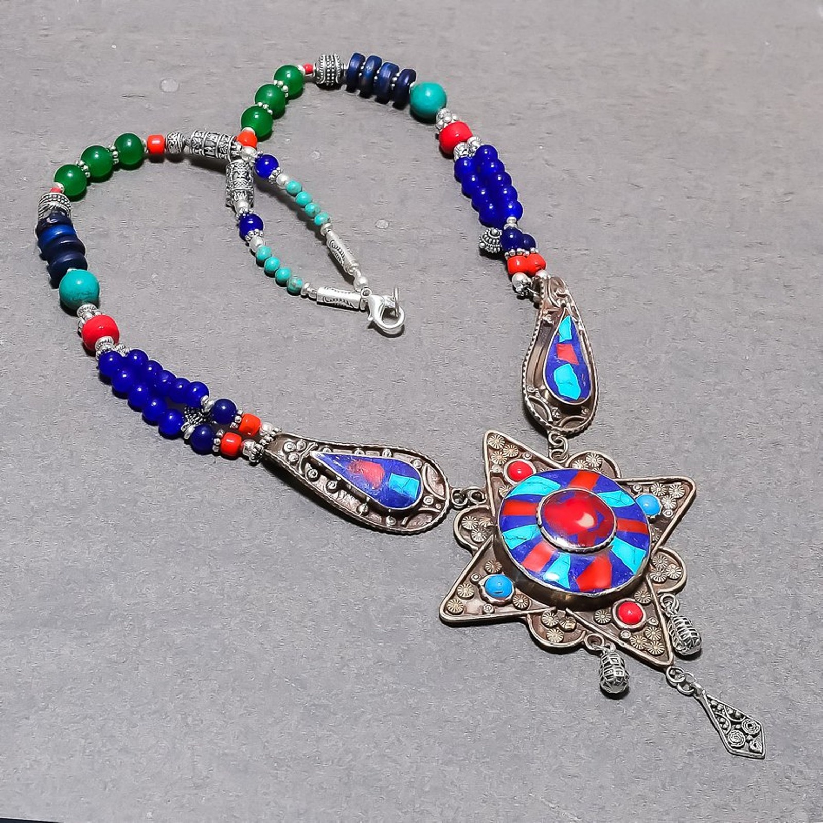 Coral Tibetan Turquoise Lapis lazuli Handmade Beaded Jewelry Necklace 18″ SR 837
