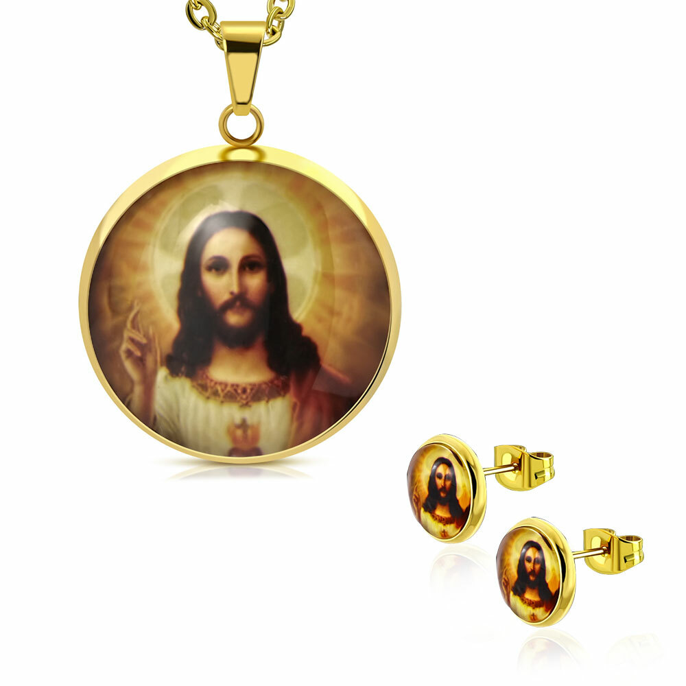 Stainless Steel Yellow Gold-Tone Jesus Pendant Necklace Earrings Set, 20″