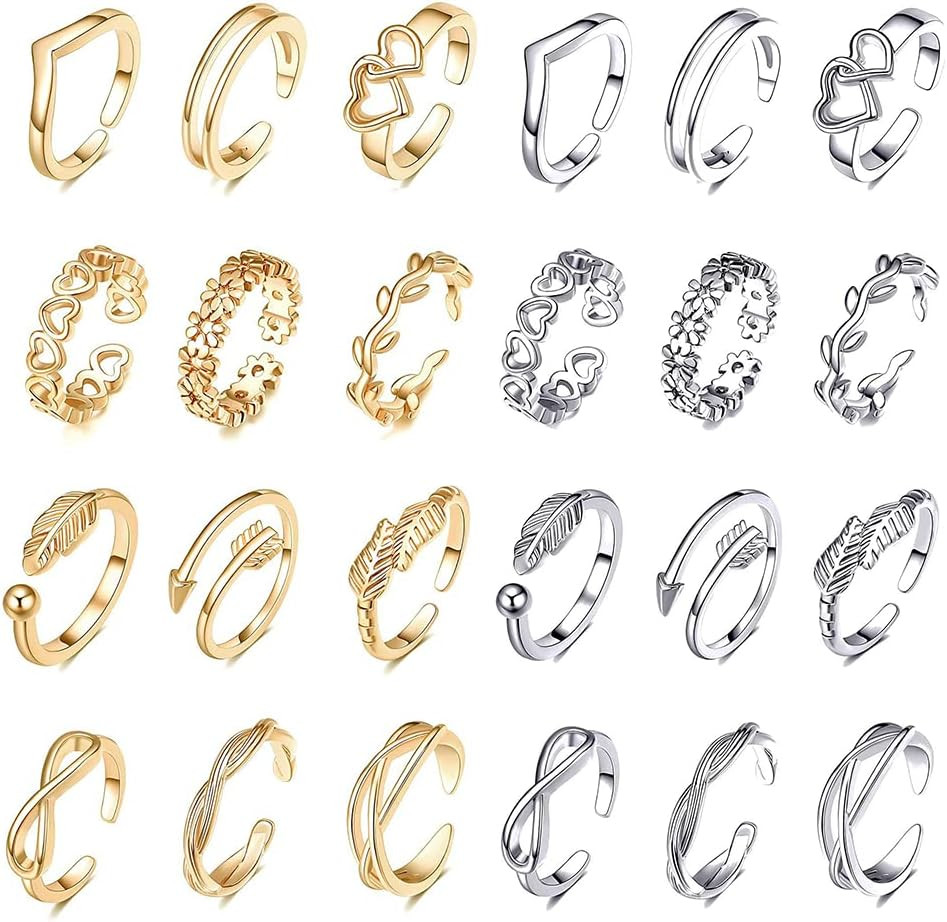 24Pcs Open Toe Rings Set for Women Adjustable Toe Band Knuckle Ring Arrow Knot