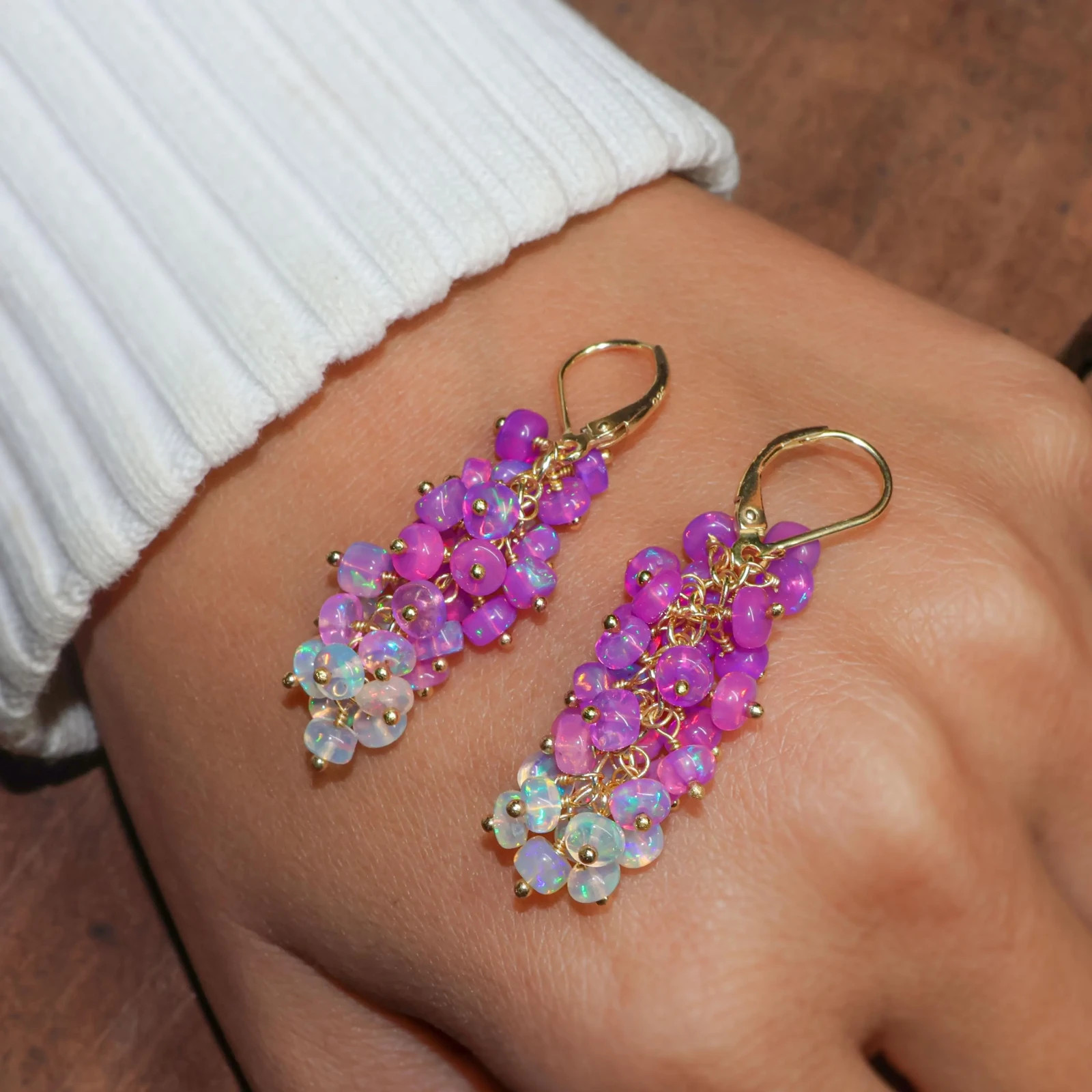 Fire Purple Opal Beads Cluster Earring, Genuine Opal Beaded Earring, Opal Dangle