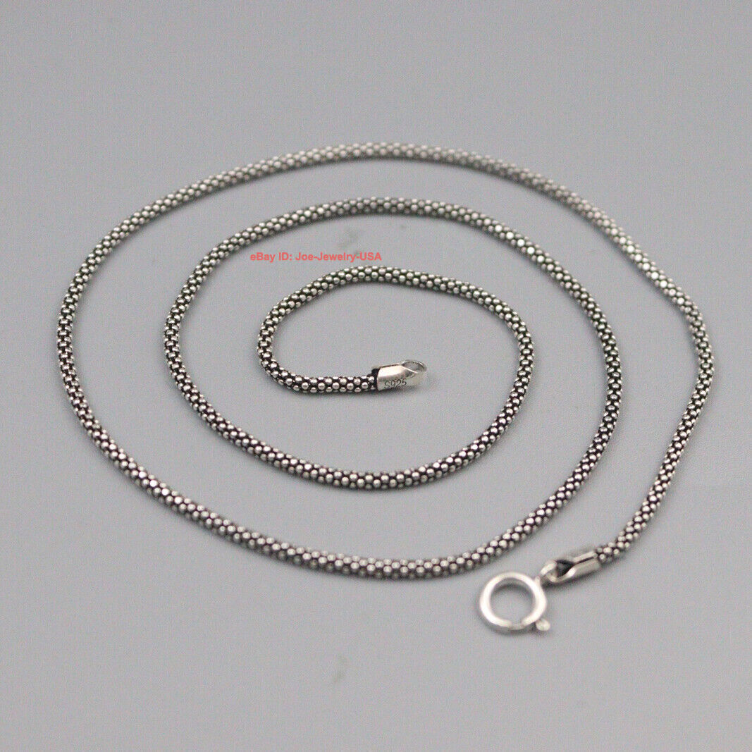 Real 925 Sterling Silver Necklace 1.8mm Thin Popcorn Link Chain S925 16″ Length