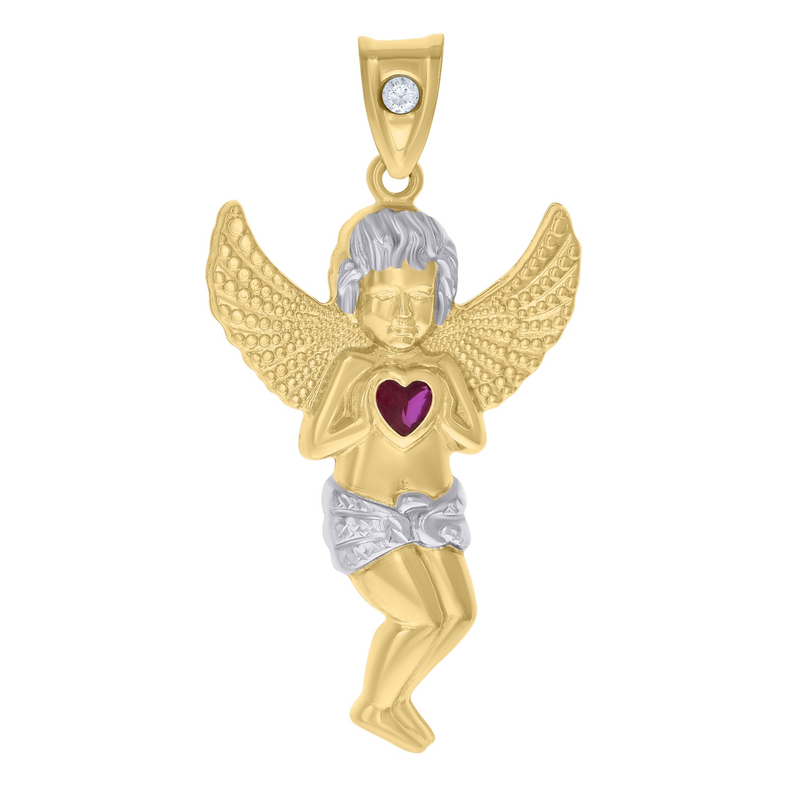 10K Two Tone Gold Red CZ Unisex 2″ Diamond Cut Charm Angel Holding Heart Pendant