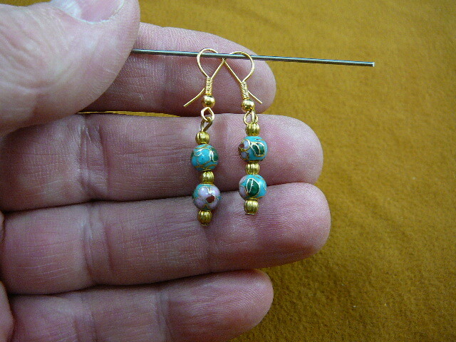 (ee610-2) Turquoise pink flower CLOISONNE bead dangle EARRINGS beaded Jewelry