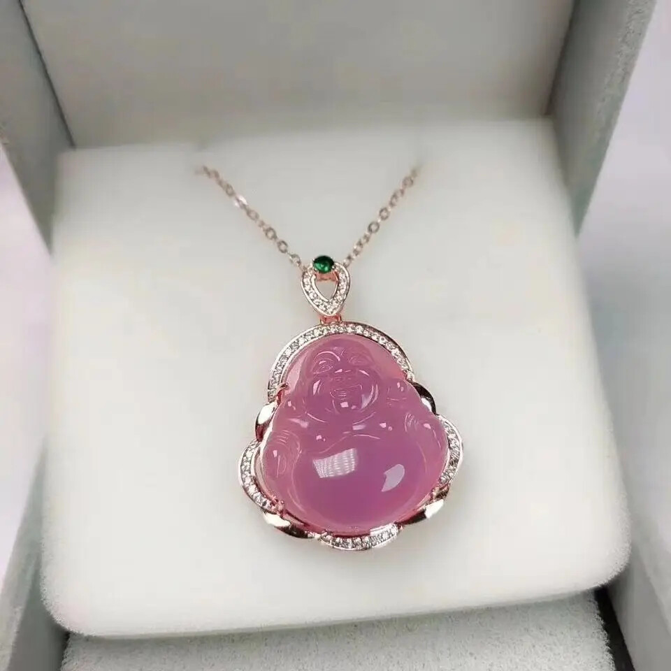Violet Pink Chalcedony Buddha Agate Maitreya Buddha Necklace Pendant