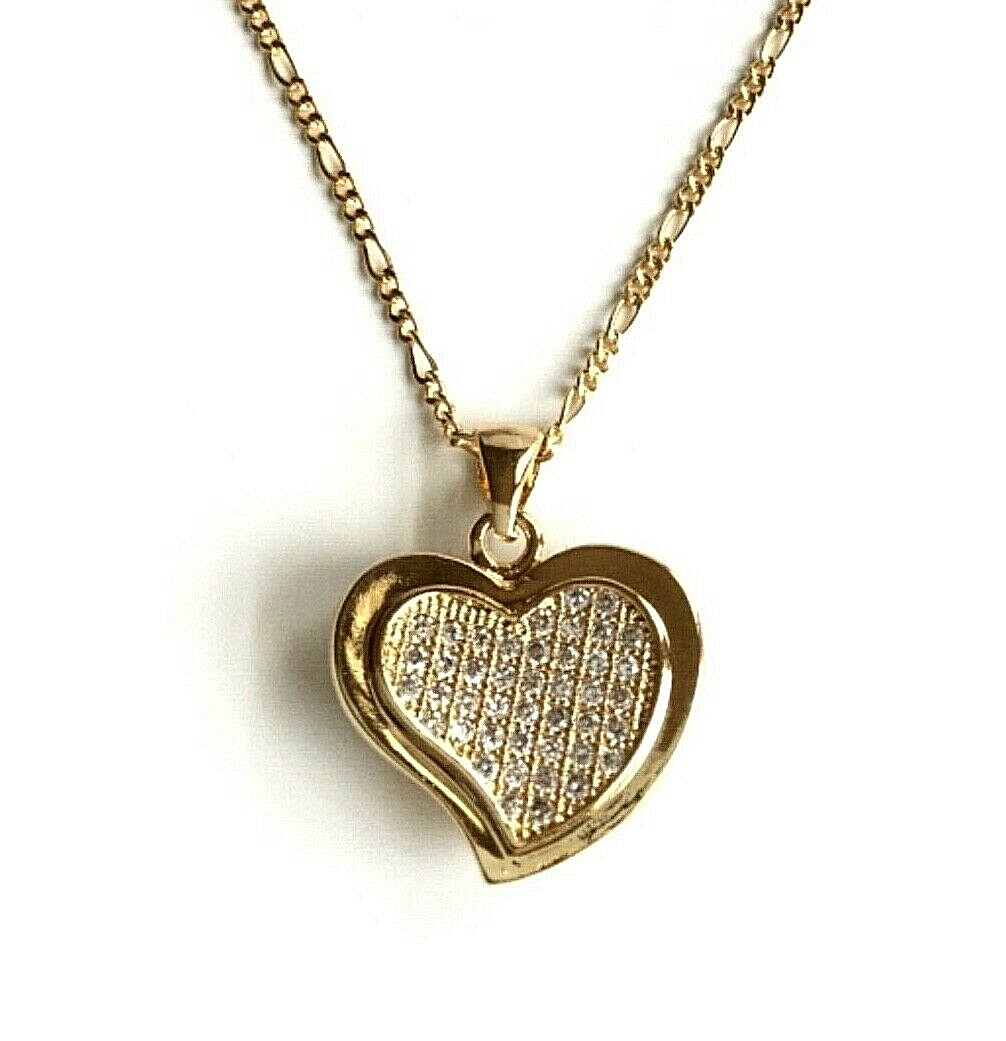18K GOLD FILLED CZ HEART LOVE NECKLACE 18″ LONG/CADENA DE CORAZON 18″- 22x19mm