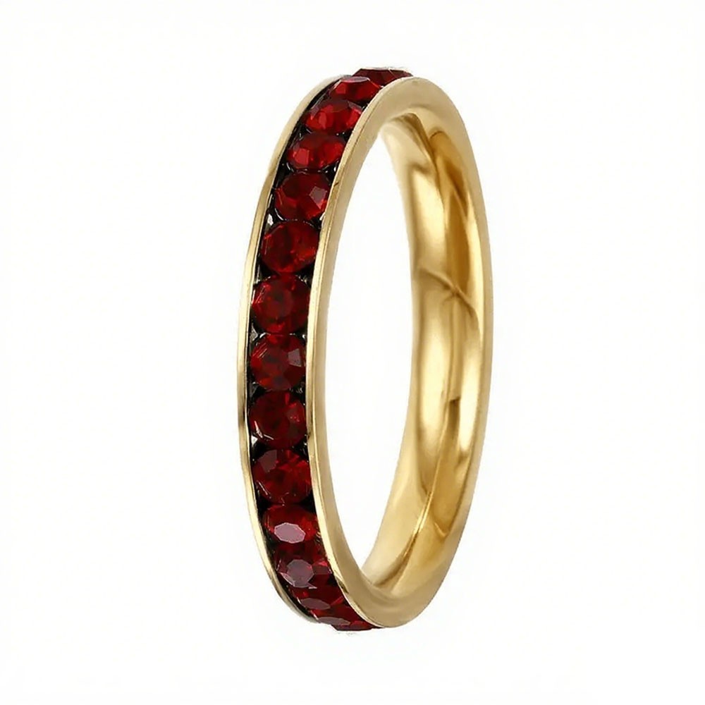 Stainless Rose Gold Plated Eternity Dark Simulated Ruby July Birthstone Ring 3MM