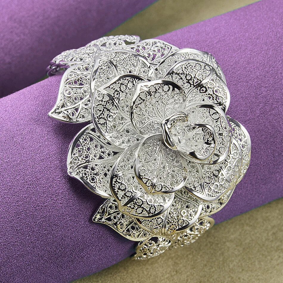 CHSHINE 925 Sterling Silver Big Flower Bangle Bracelet Ring Charm Jewelry Set