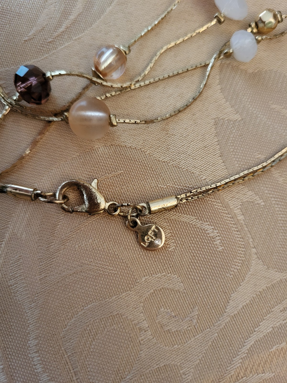 Loft Brand Long Goldtone Necklace With Pink Glass And Resin Beads