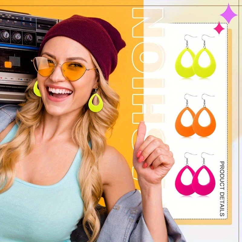6 Pairs of Neon-themed Party Pendant Earrings, Teardrop-shaped Earrings