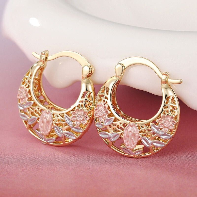 Women Gold Plated Hollow Flower Elegant Huggie Hoop Earring Drop Dangle