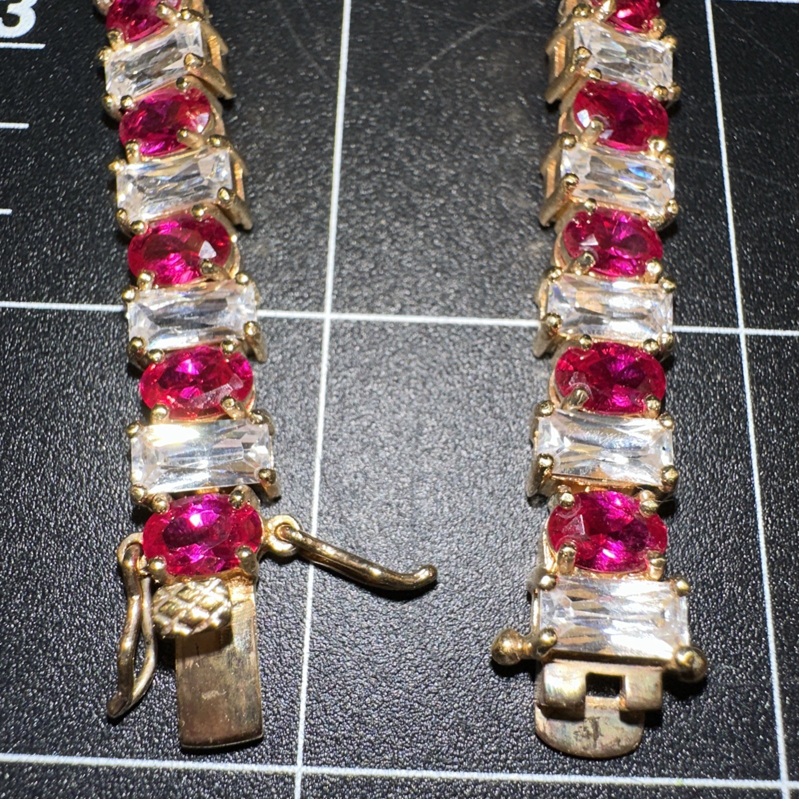 Vintage 925 Sterling Silver Ruby Pink & White CZ Gold Vermeil Bracelet 7.5″ long