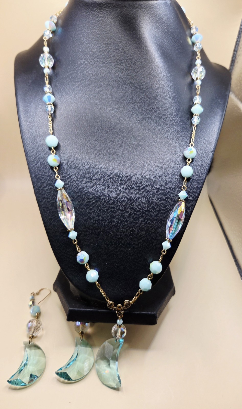 Necklace Set Glass Crystal W Match Pierced Earr Coastal Blue Moon 22″ 0094