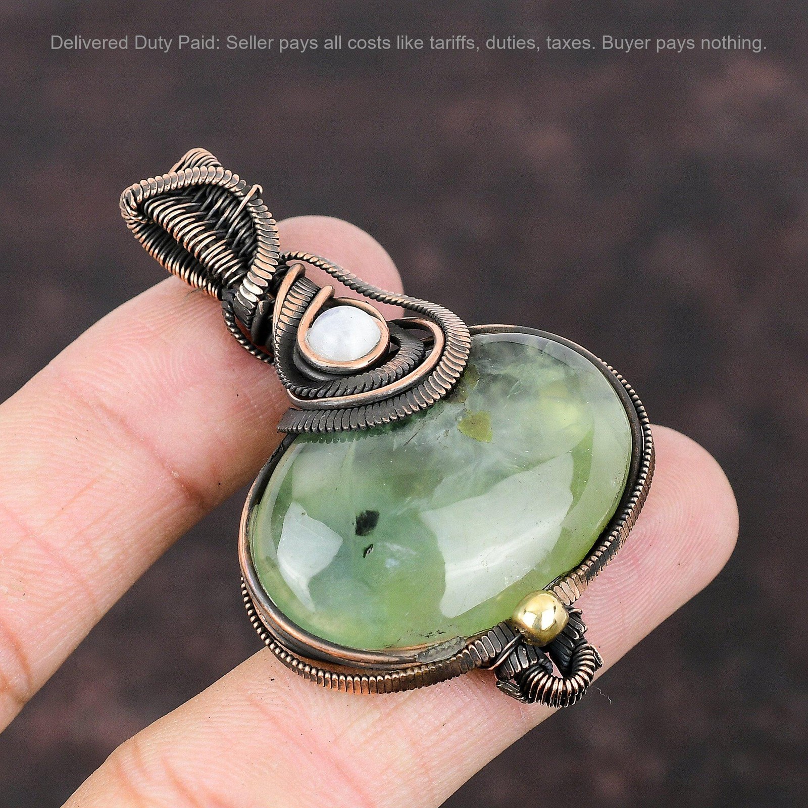 Copper Moss Prehnite Stone Rainbow Moonstone Anniversary Wire Wrapped Pendant