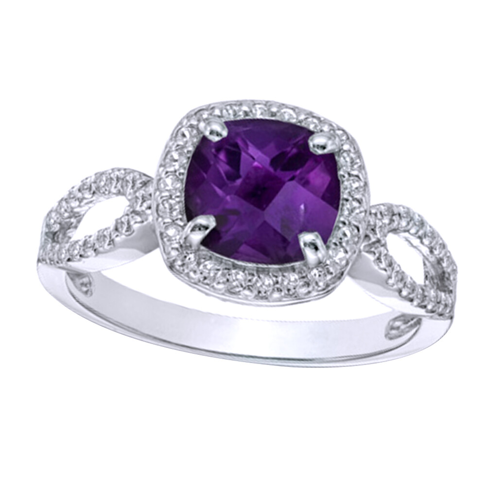 7.0mm Cushion Cut Amethyst and White Topaz Ring in 14k White Gold Finish