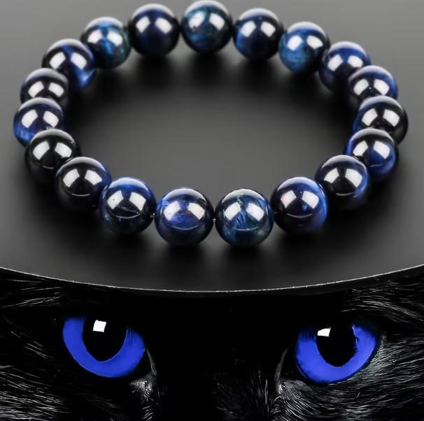 Blue Tiger Eye beaded bracelet — adjustable elastic fit; wear for courage wisdom