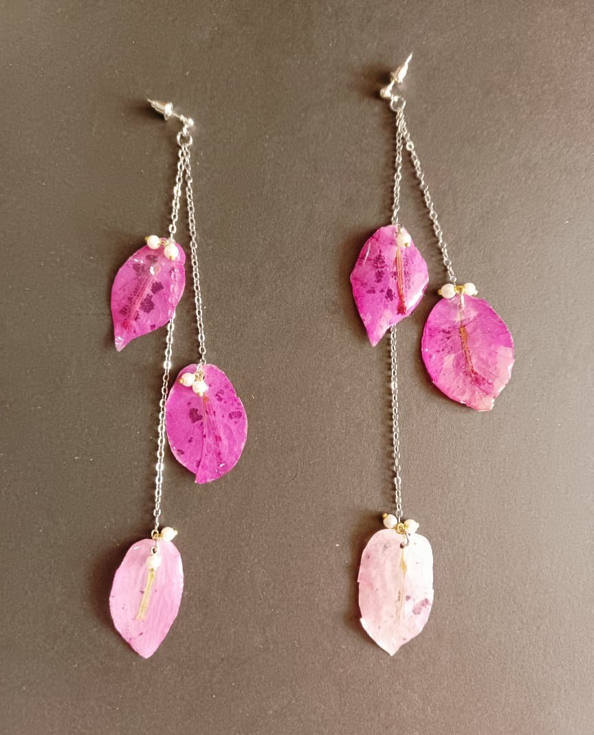 Real Bougainvillea Pink Leaf Necklace Earrings Set Handmade Resin Jewelry Gift