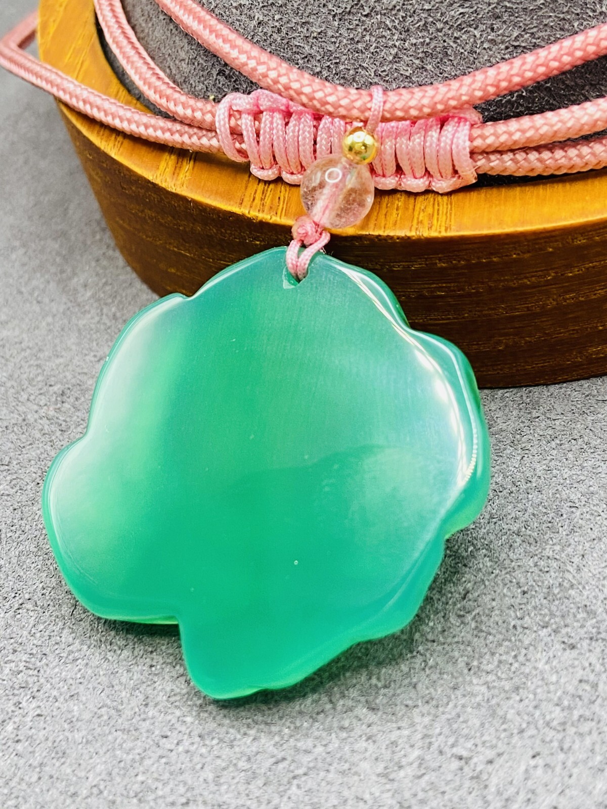 Jade Rose Floral Charm Pendant Necklace W/ Adjustable Cord Handmade Carved Gem