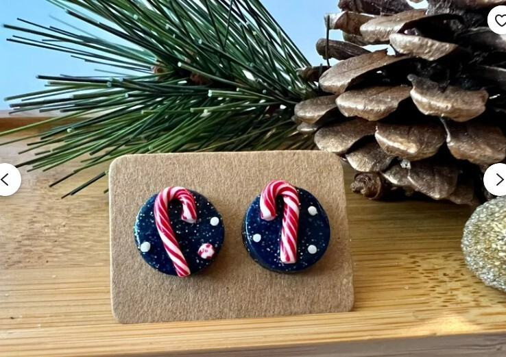 Candy Cane Stud Earrings -polymer clay -Christmas, holiday, winter -0.5 in, 13mm