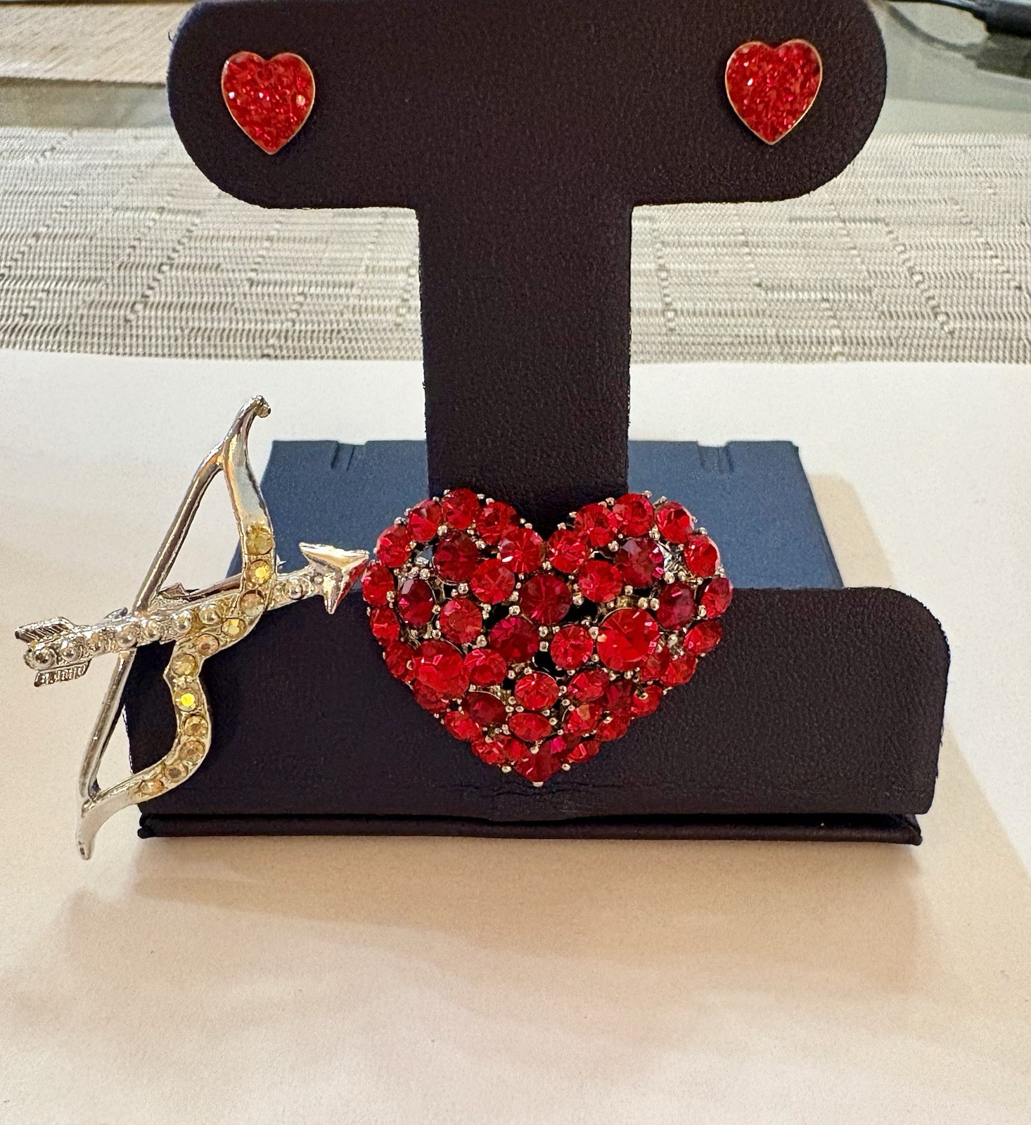 Kirks Folly Red Heart Earrings Puffy Red Crystal Domed Heart Pin Cupid Bow/arrow