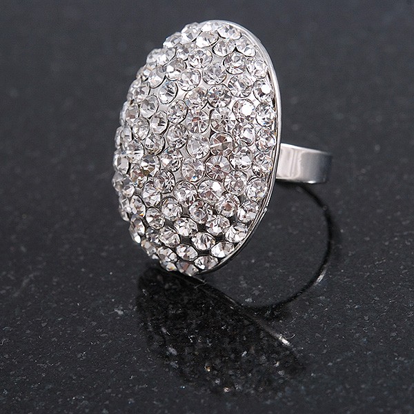 Oval Dome Shape Clear Crystal Ring In Silver Tone Metal – 30mm Long – 7/8 Size