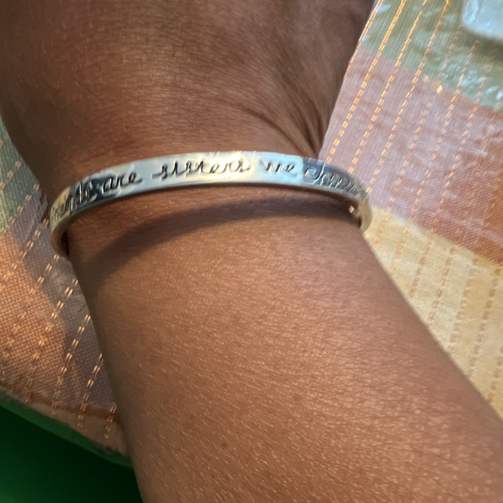 Engraved Silver Tone Metal Cuff Bangle Bracelet, Sizable, Less Than 8 in
