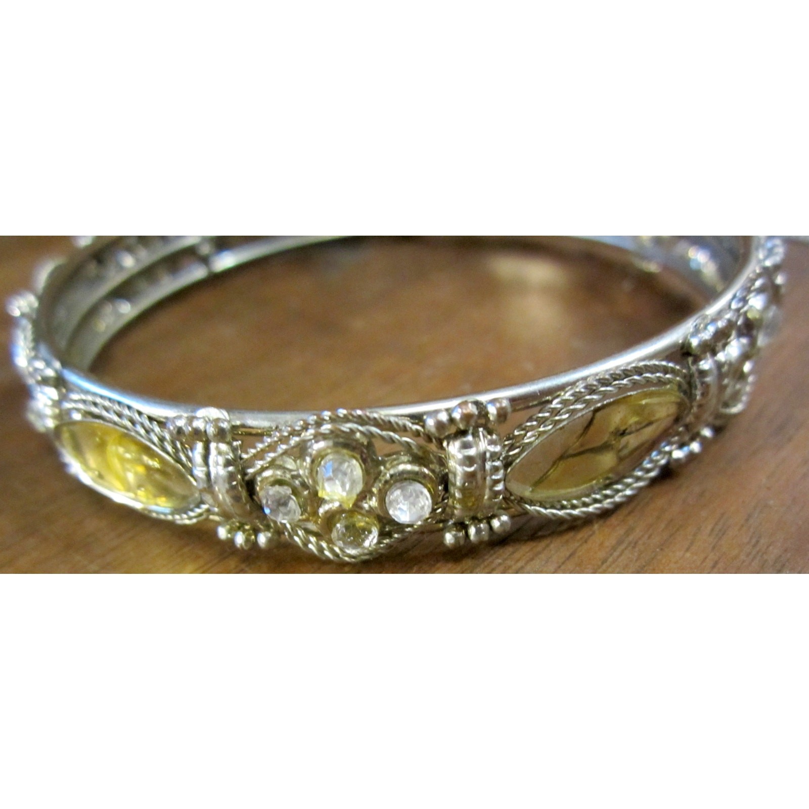 Silver Clad Clear Rhinestone Bracelet Bangle 2 5/8 in Opening 1/8 in Tall