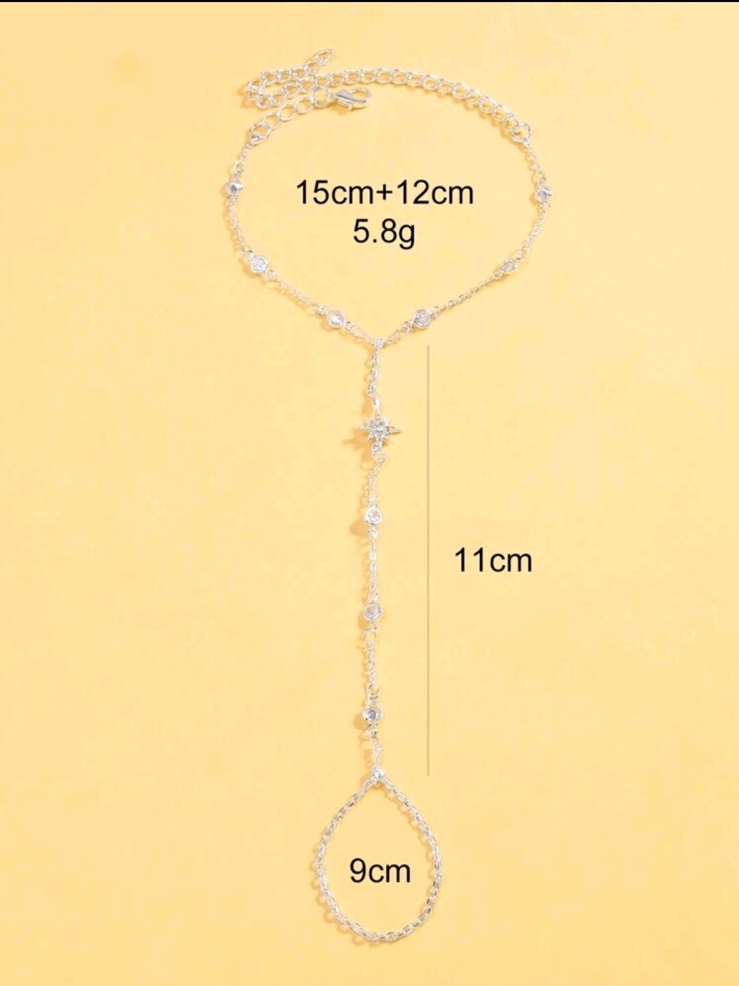Shooting Star Glitter Hand Chain 925 Stirling Silver Adjustable Bracelet Ring