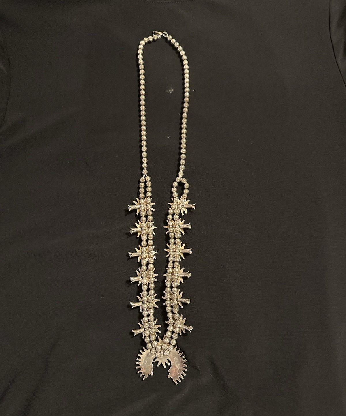 Ed Niiha Signed Sterling Silver Beaded Zuni Squash Blossom Necklace