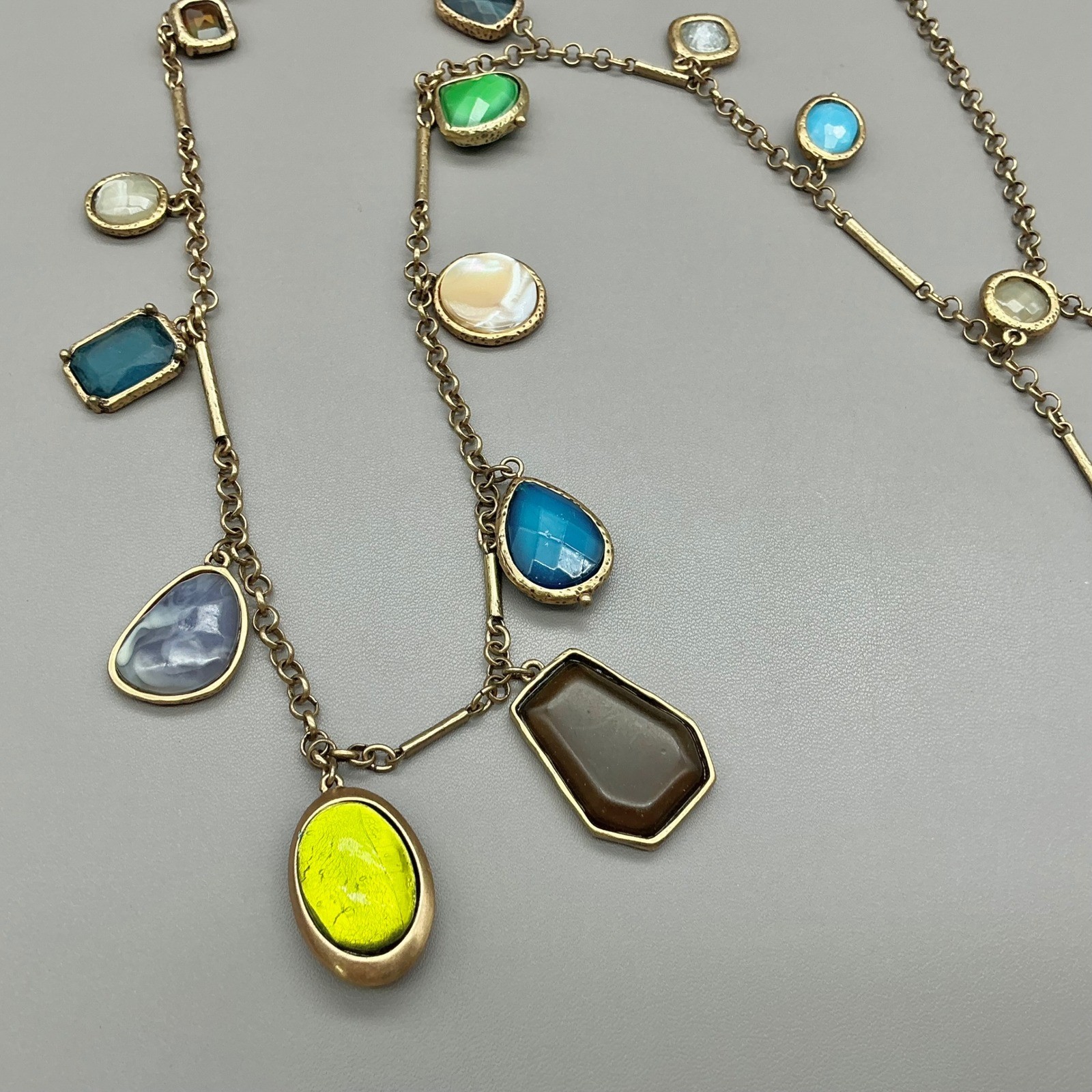 Chico’s Necklace Gold Tone Multicolor Faux Stone Station Chain Statement 34″