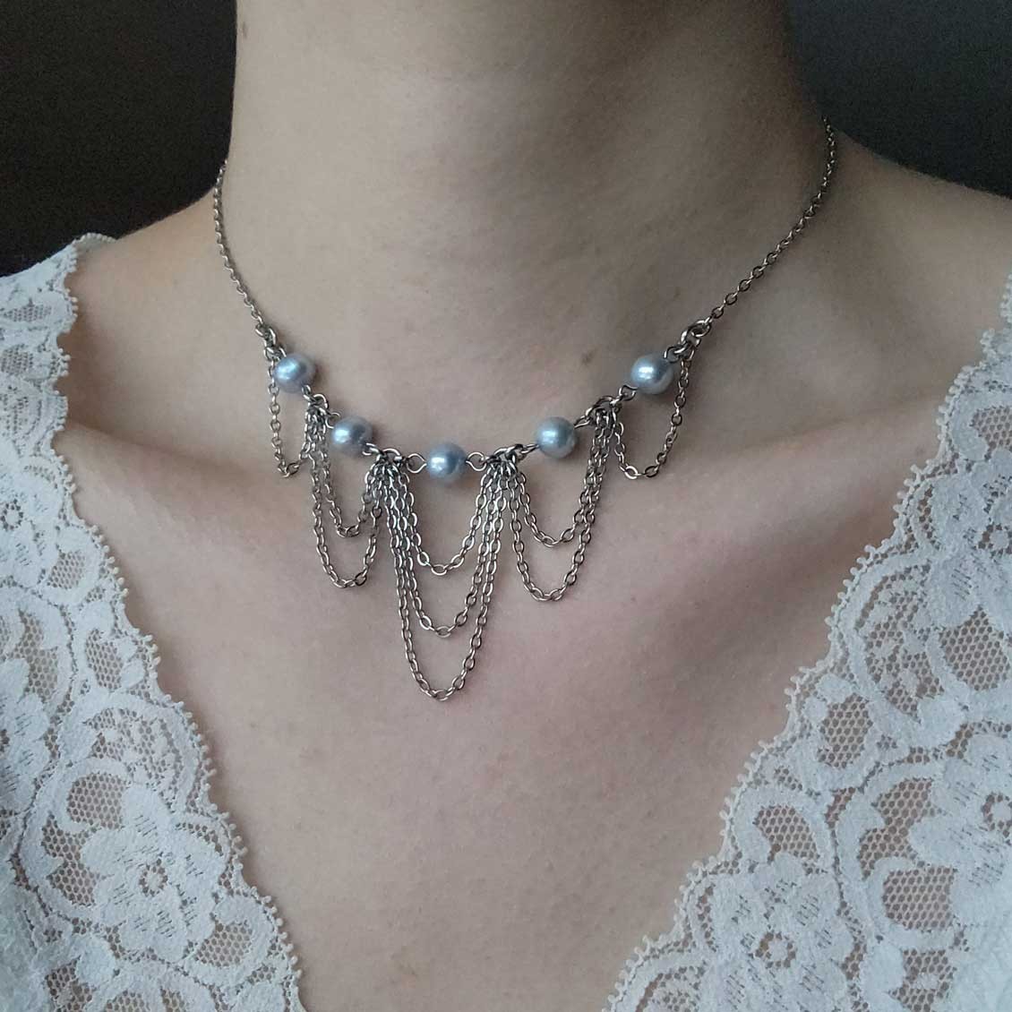 Vintage medieval style princess genuine blue pearls & silver chandelier necklace