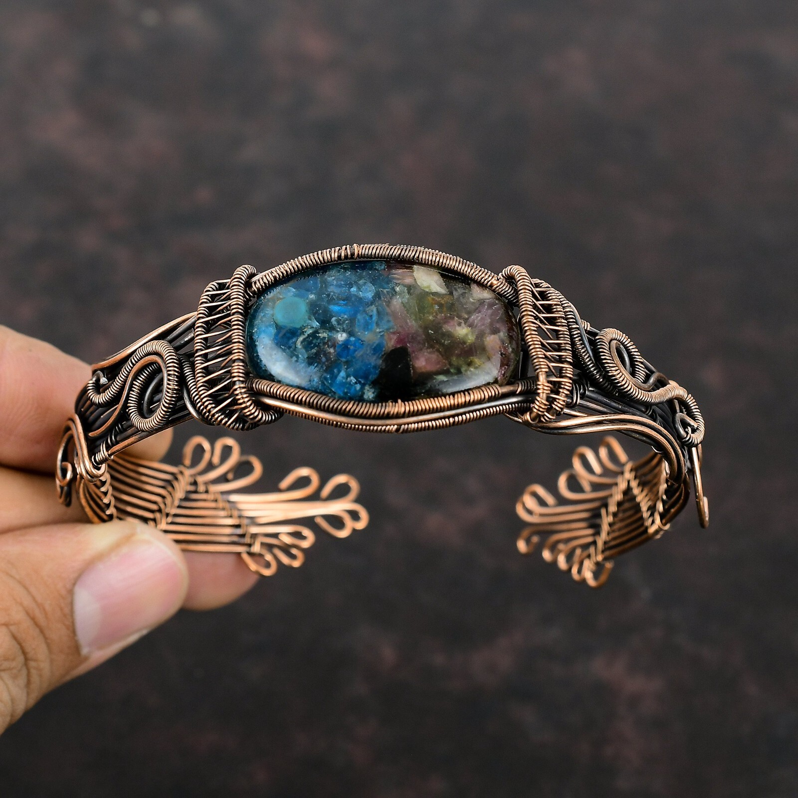 Watermelon Tourmaline Copper Gift For Bestie Wire Wrapped Adjustable Cuff
