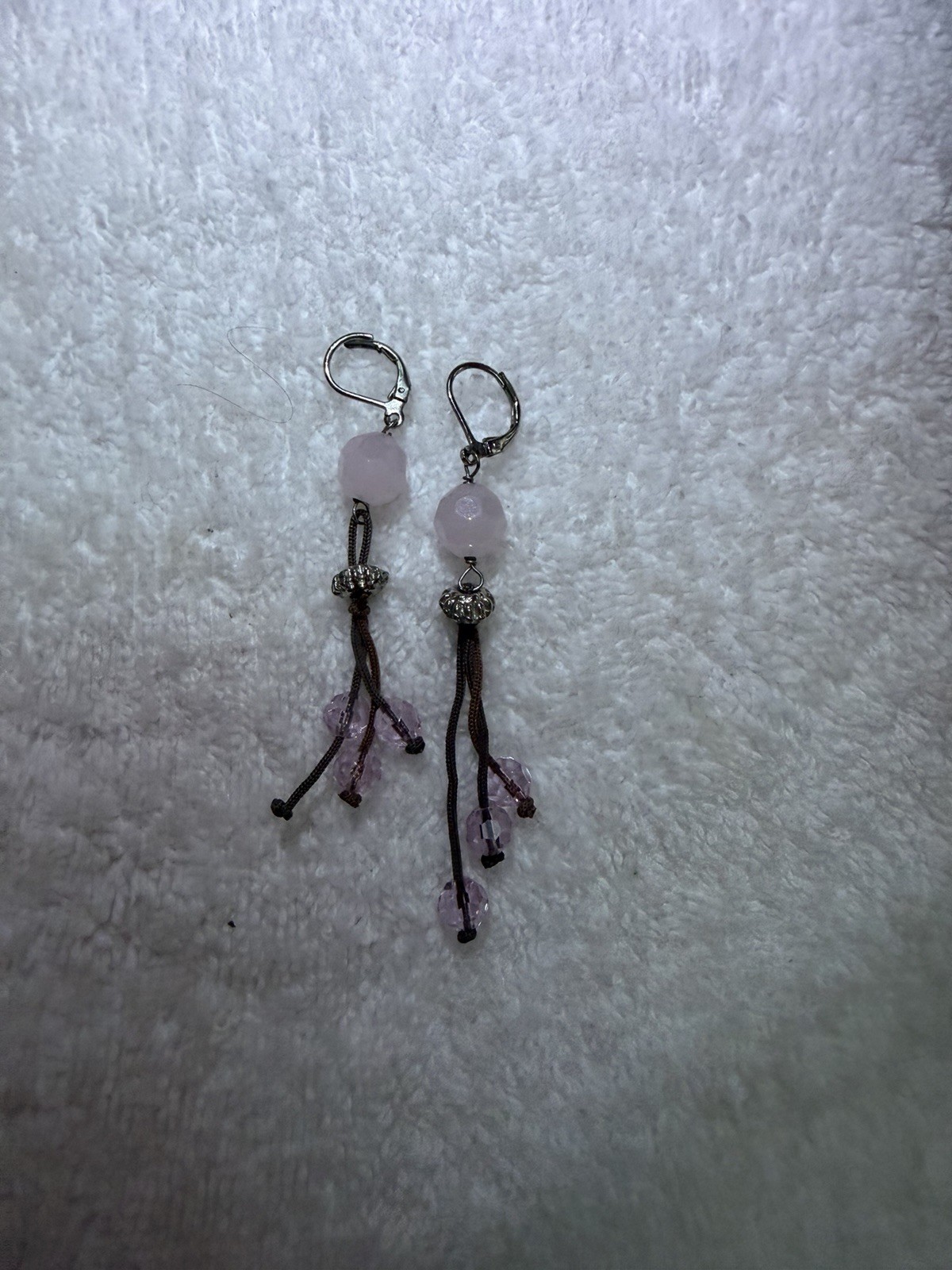 Pink Round Glass Bead Dangle/Drop Leverback Earrings Silver Tone Metal