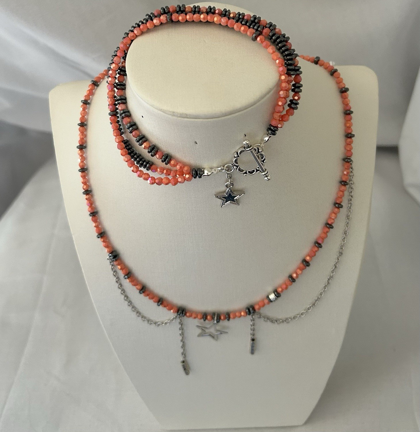 Layered Orange Black Beaded Cable Chain Necklace Silver Star Charm Celestial