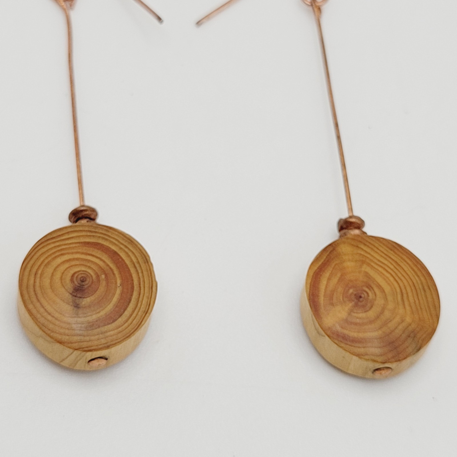 Artisan Handcrafted Round Wood Slice Drop Earrings Long Copper Wire Tree Ring