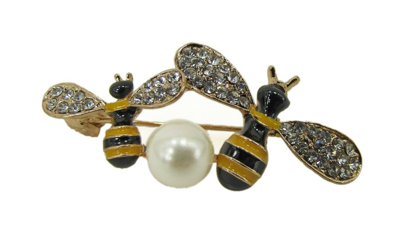 Bee Brooch Pin with crystals, white round pearl and yellow and black enamel NEW