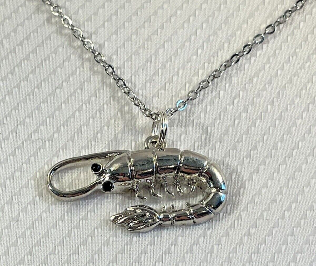 Shrimp Sea Life Silver Necklace 20” Stainless Coastal Fashion Jewelry NEW