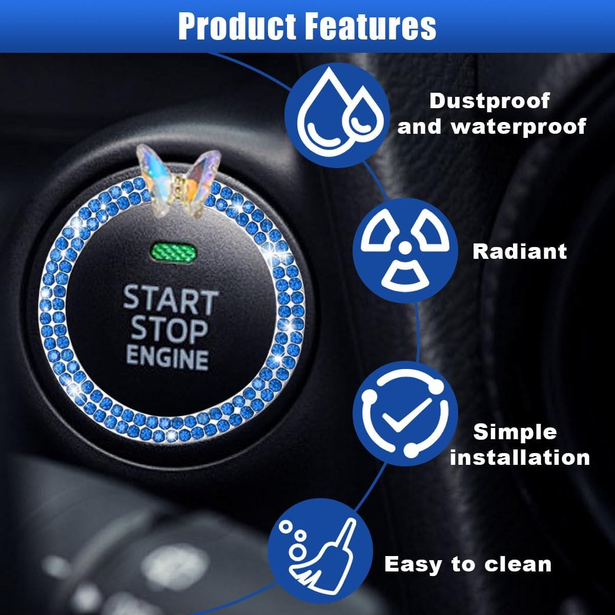 Blue Bling Butterfly Push Start Button Ring Car Decor