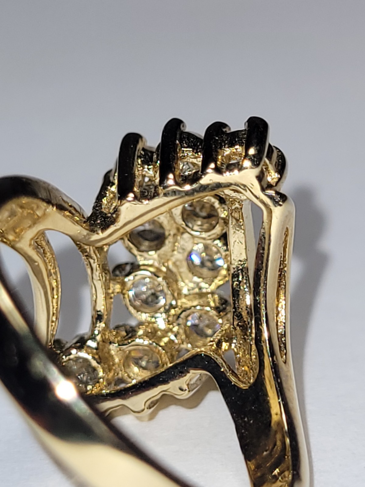 JQA 14K HGE Signed LIND Goldtone Cocktail Ring Clear CZ Crystal Statement Fashio