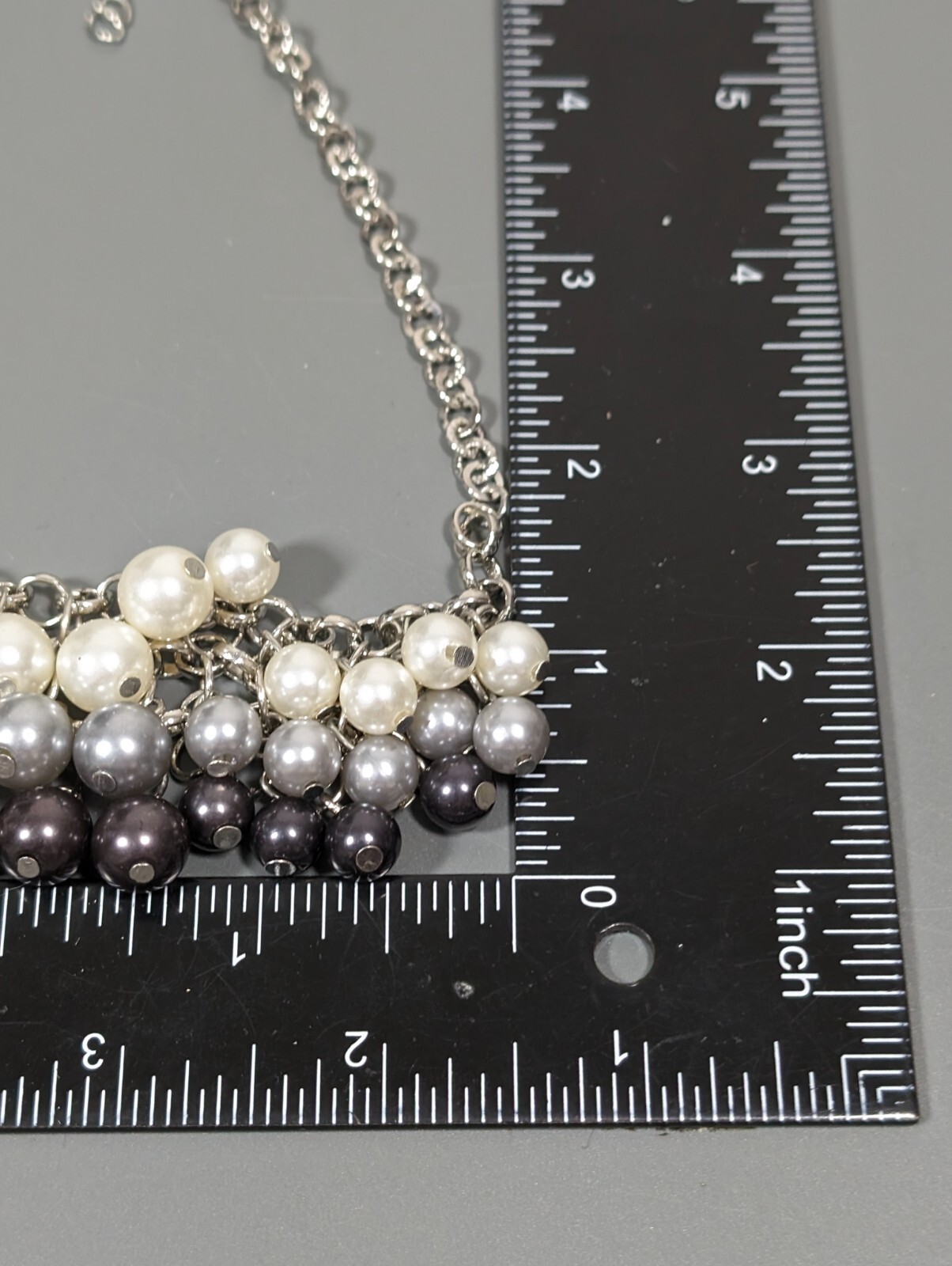 Silver Tone White Gray Faux Pearl Charm Bib Statement Necklace 19 inch Ombre