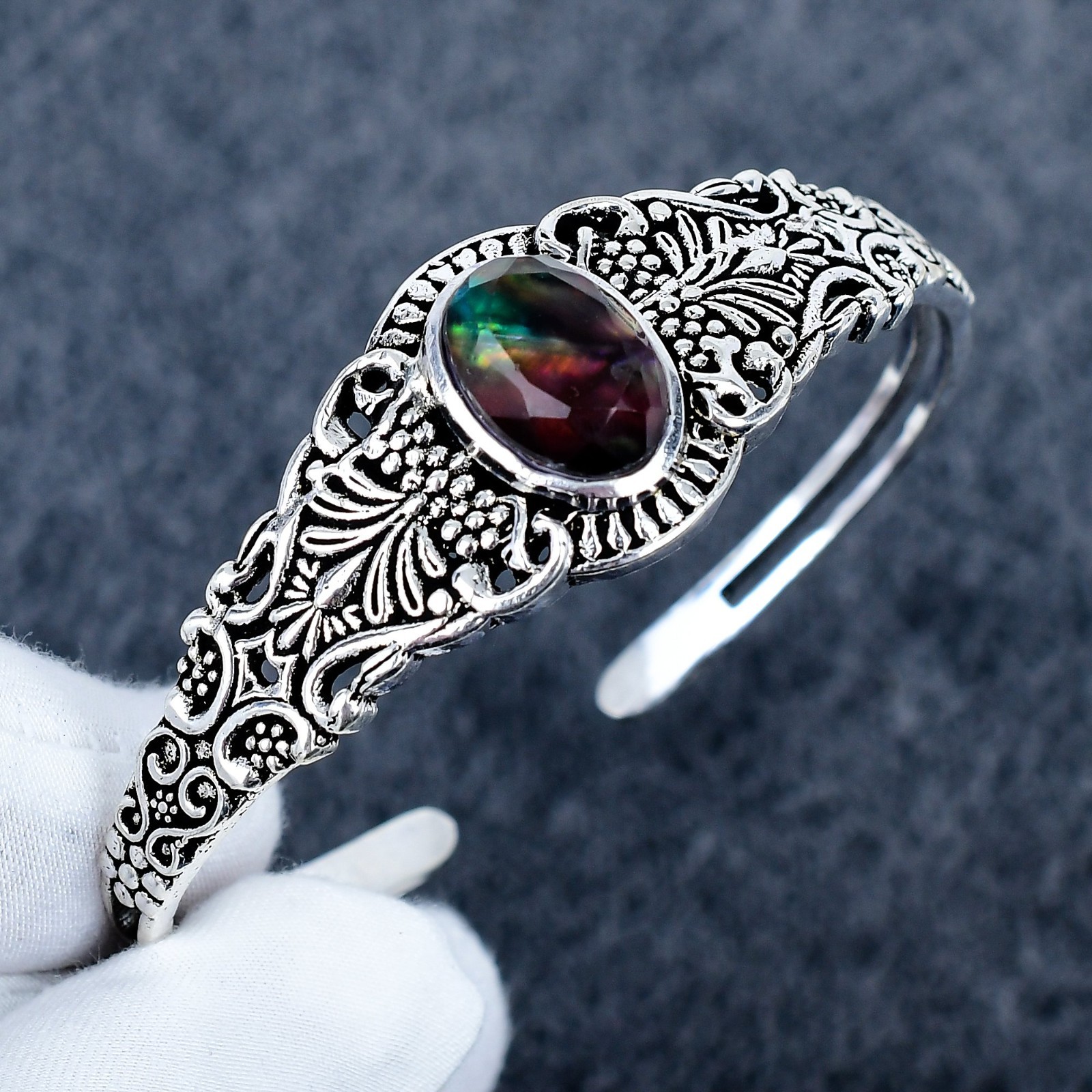 Ammolite Sterling Silver Bangle: Handmade Adjustable Jewelry Cuff Gifts
