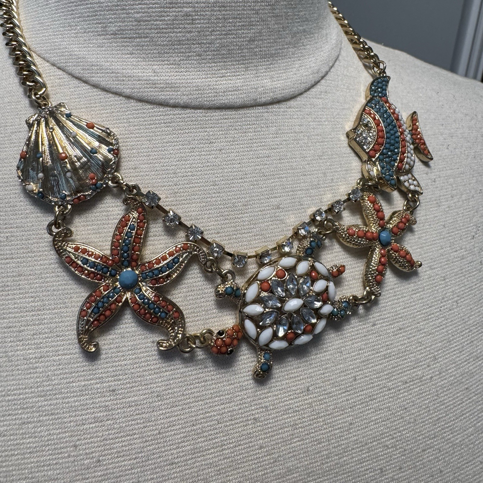 Nautical Necklace Statement Shell Fish Coral Gold White Turquoise Beach Tropical