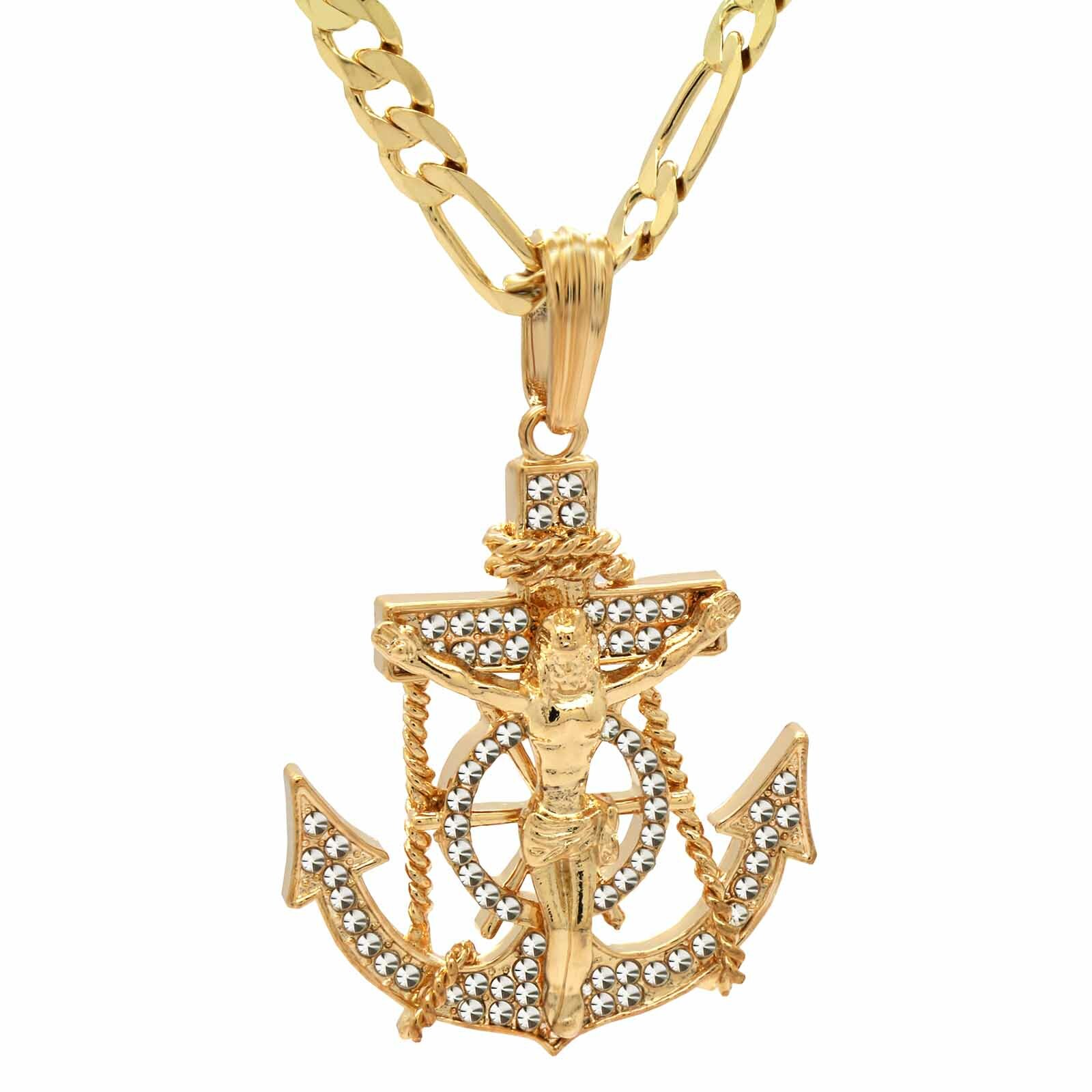 Hip Hop 14K Gold Plated Jesus Anchor Pendant Cubic-Zirconia 30″ Figaro Chain