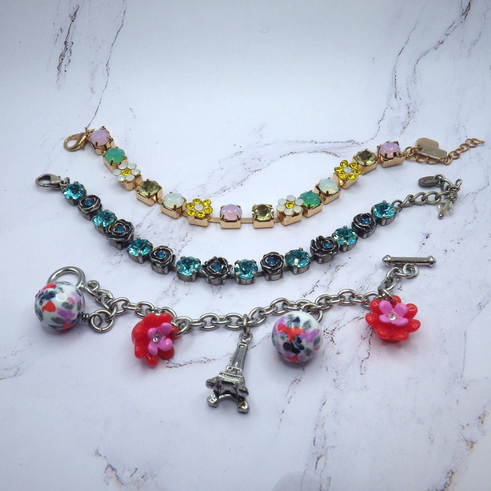 Set of 3 Bracelets Gymboree Charm Eiffel Tower Flowers Austrian Crystals Pastel