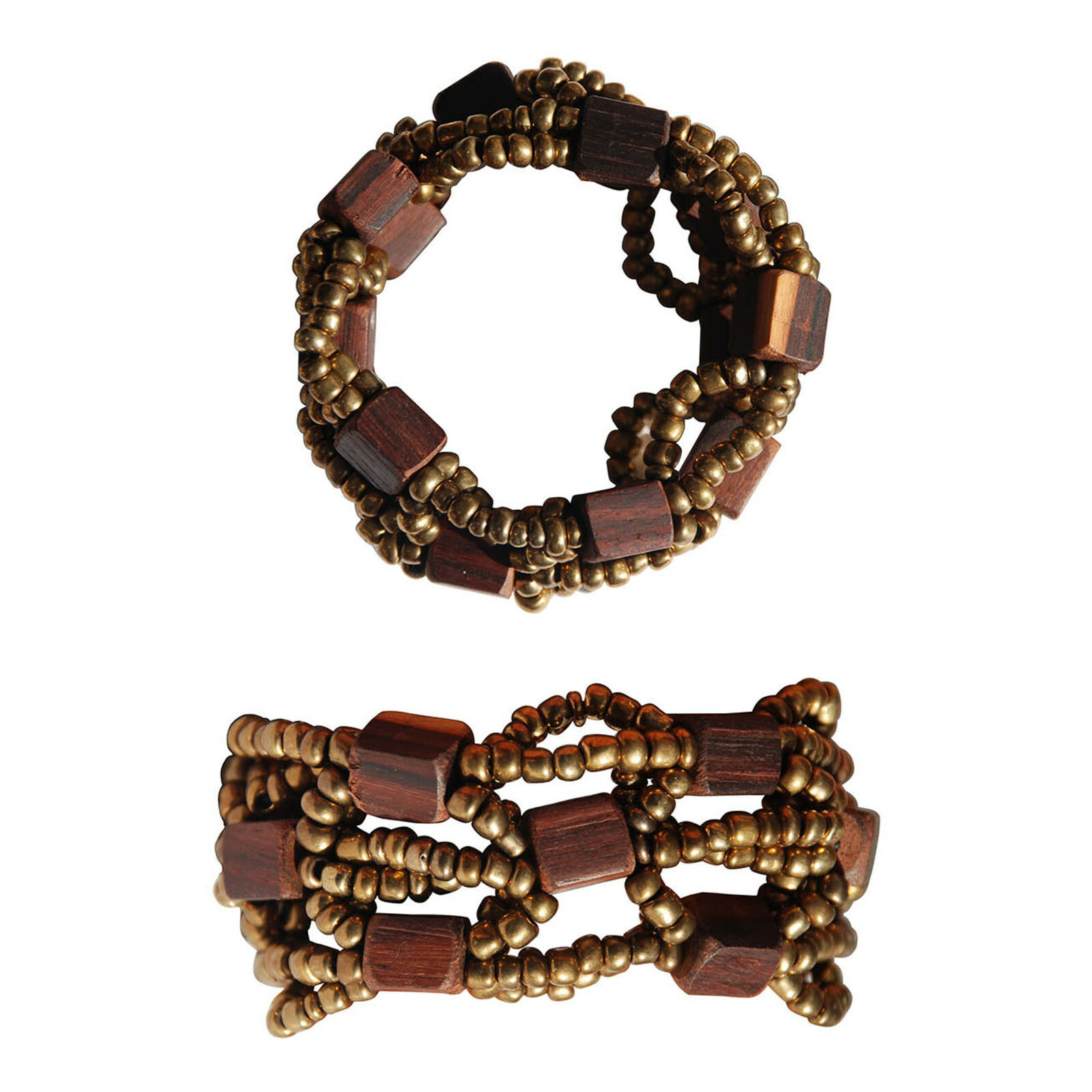Gold 10-Strand Elastic Glass Beaded Bracelet With Dark Hard Wood Beads