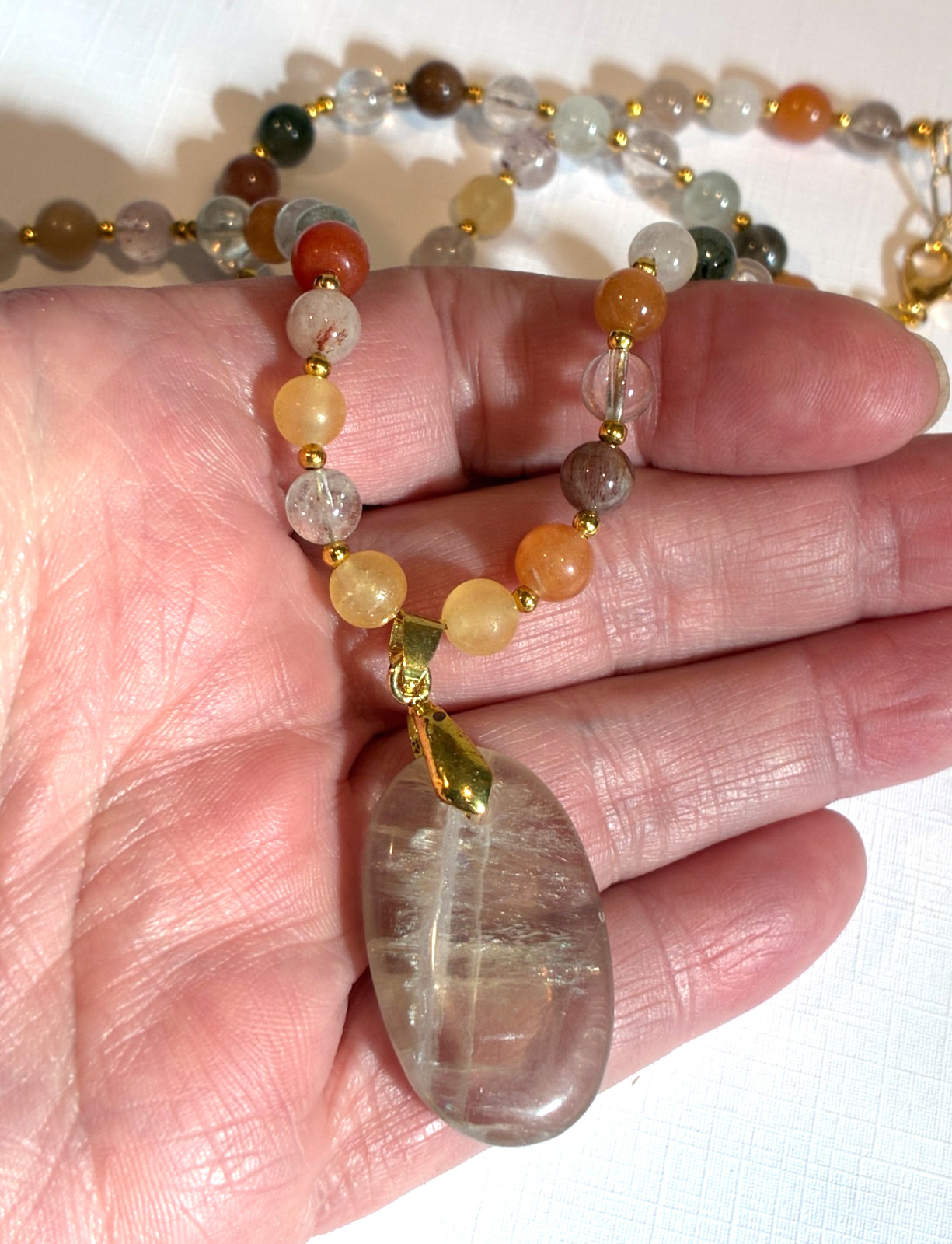 Mix Color Quartz Beaded & Dendritic Opal Pendant Necklace, 21- 23″ long