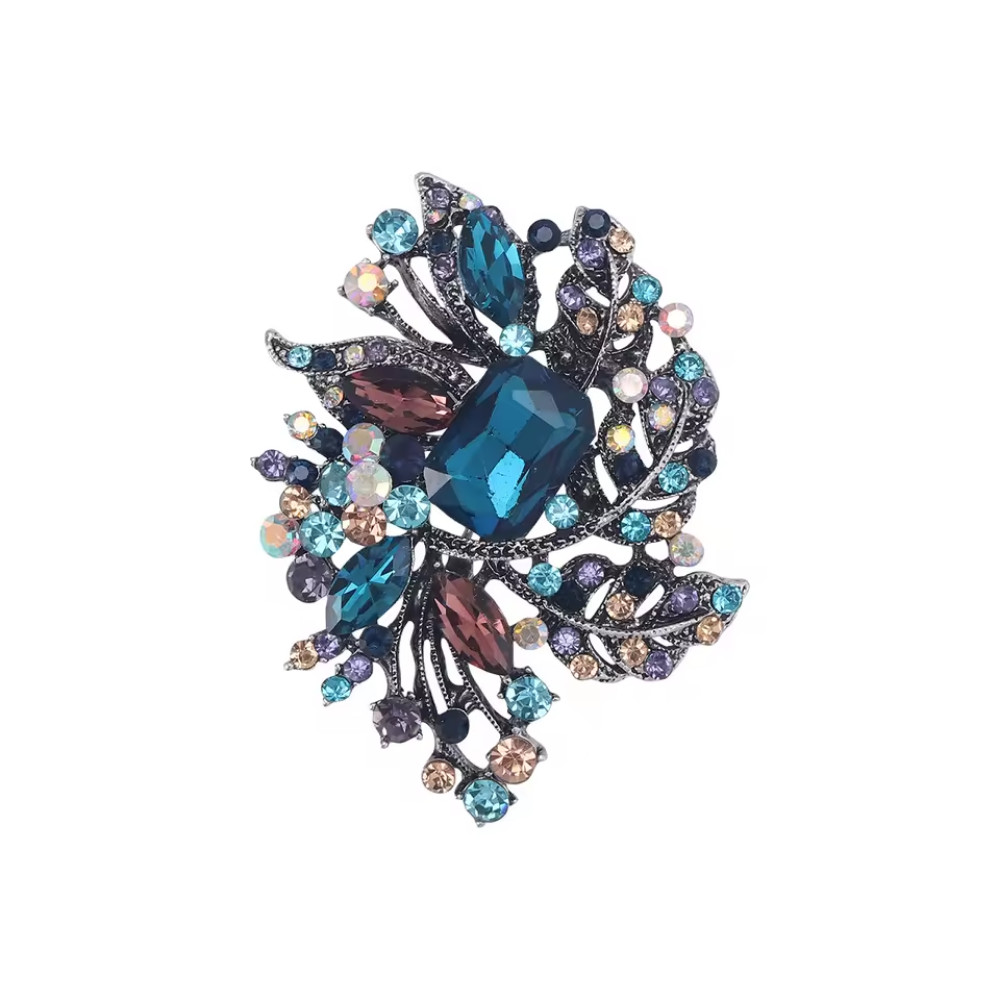 Vintage Blue Crystal Flower Brooch Pin Rhinestone Statement Summer Jewelry Gift