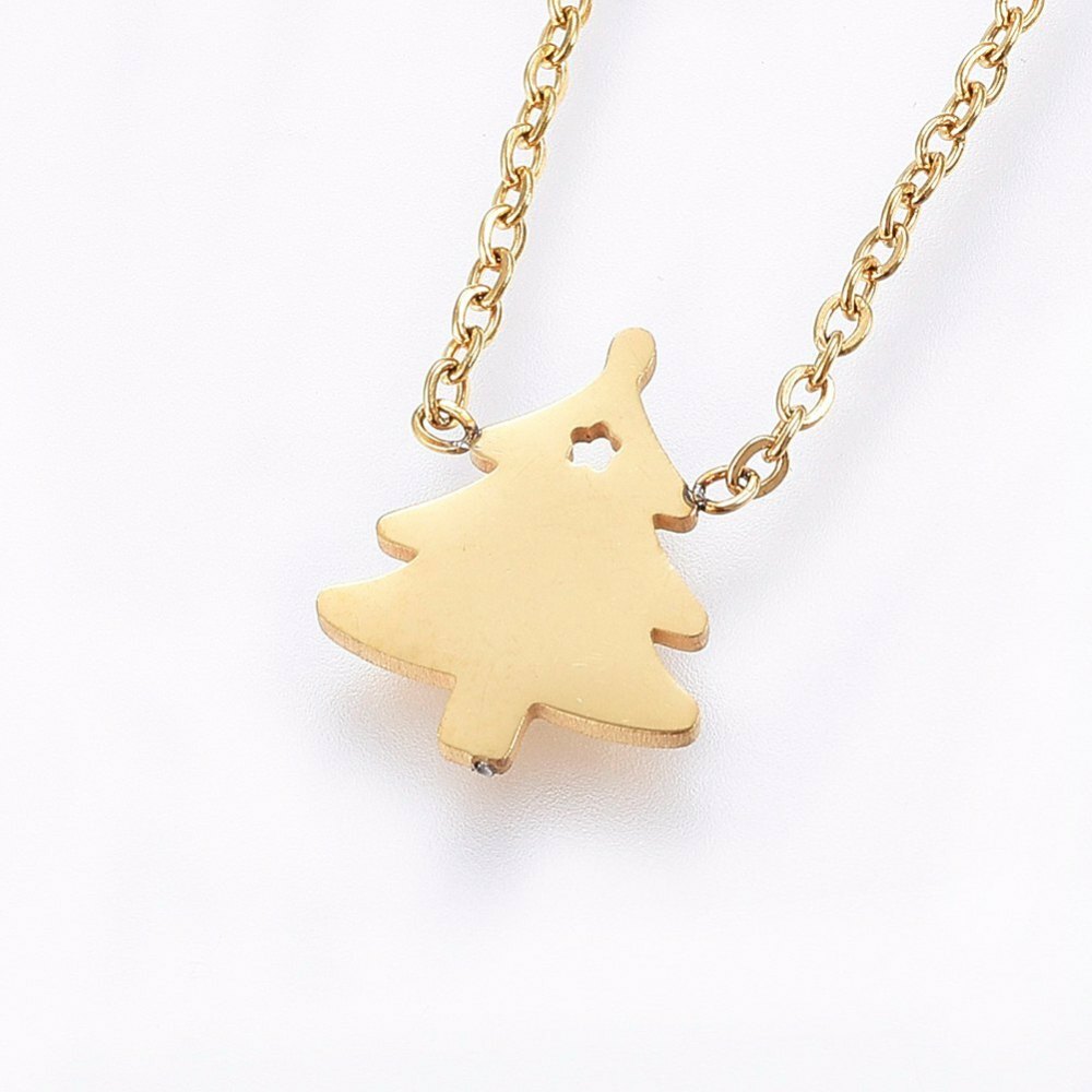 Cute Gold 304 Stainless Steel Christmas Tree Necklace, Earring, & Bracelet Set