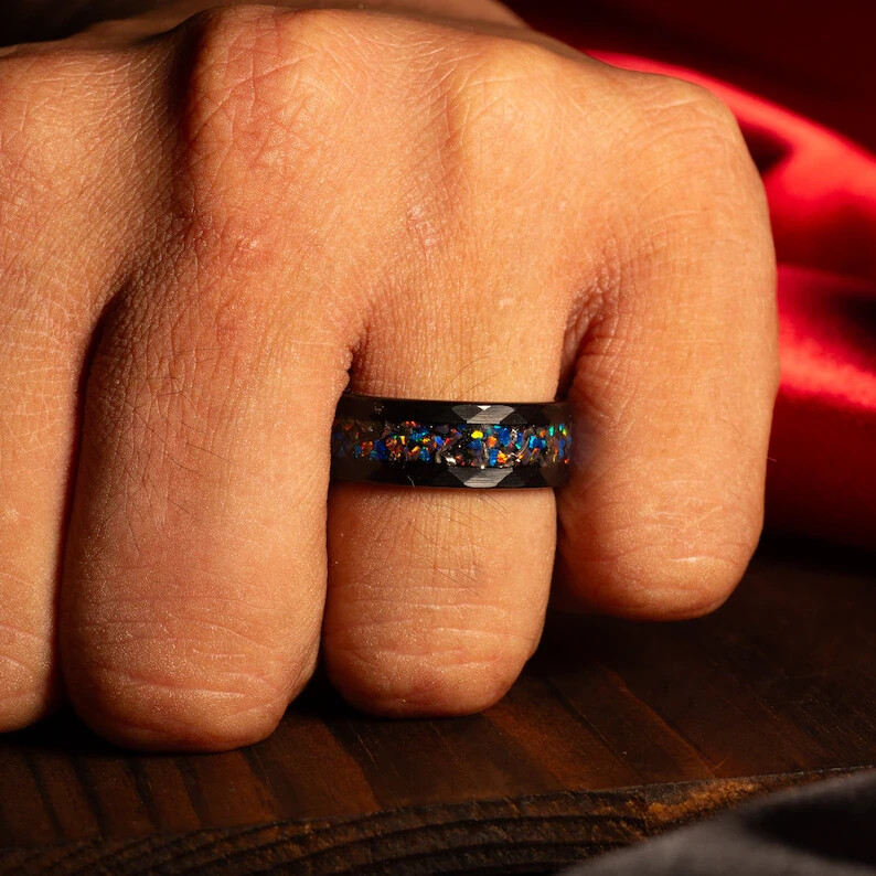 8mm Meteorite & Galaxy Opal Hammered Black Tungsten Men’s Ring Wedding Band