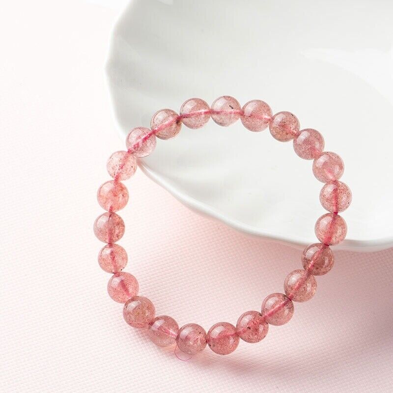 Natural Strawberry Quartz Stone Bracelet Red Gemstone Stretch Bracelet Handmade